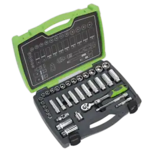 A green tool set in a case.