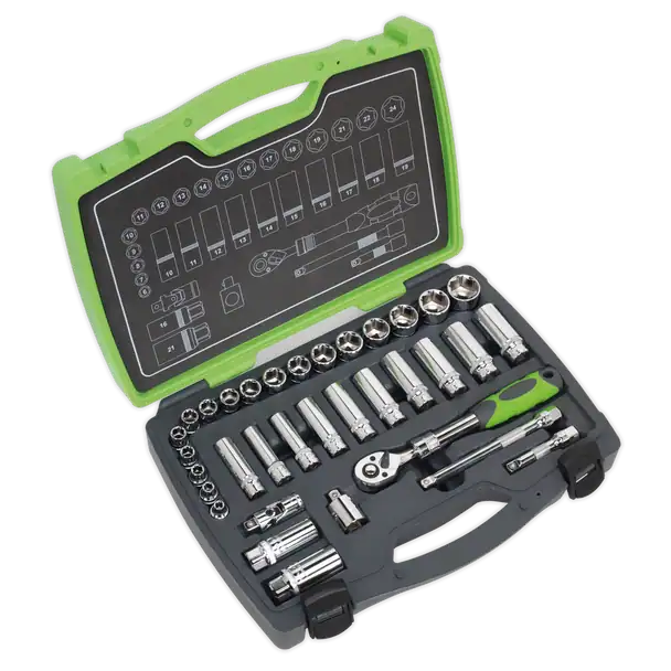 A green tool set in a case.